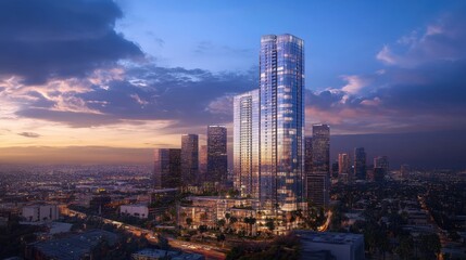 Fototapeta premium Dramatic clouds over LA skyline, city illuminated by diffused twilight light