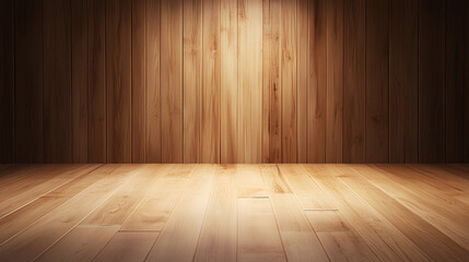 A minimalist empty room featuring a wooden floor and soft central lighting. For interior design concepts, product presentations, and creative composition