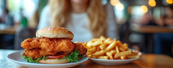 Diet food loss weight concept, Hand of woman pushing fast food away and avoid to eat fried chicken to control cholesterol and sugar