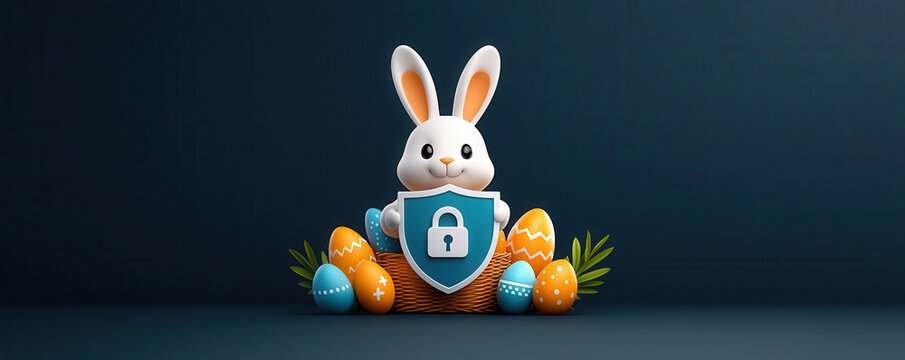 Illustration of a bunny holding a shield with a lock icon, protecting a basket of Easter eggs marked with security symbols