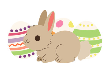 Cute bunny with painted Easter eggs isolated on white background. Little cartoon rabbit with decorated eggs. Colored flat vector card illustration.