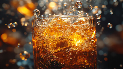 a glass of water with ice and a slice of orange