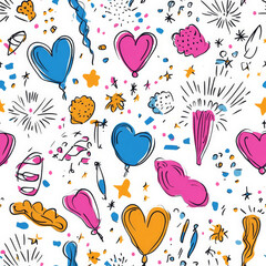 A festival doodle pattern with fireworks, balloons, and confetti