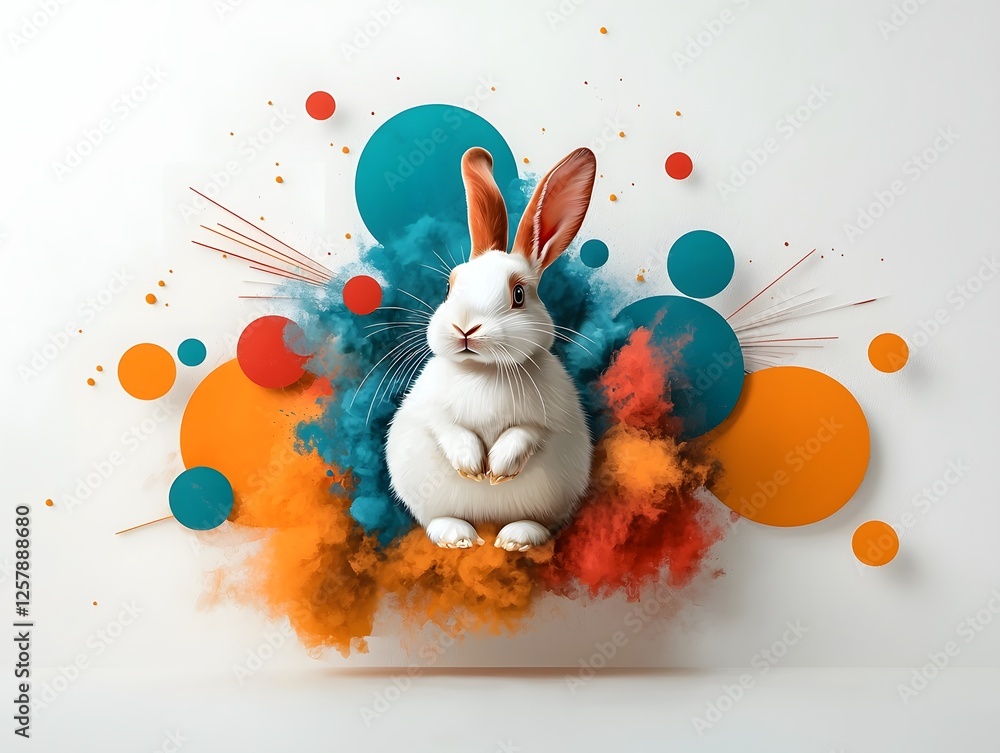Poster playful and expressive watercolor rabbit surrounded by dynamic abstract forms unconventional visual 