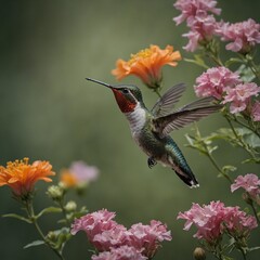 A hummingbird hovering mid-air near a blooming flower.