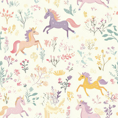 A whimsical unicorn pattern featuring pastel-colored unicorns prancing through fields of magical flowers.