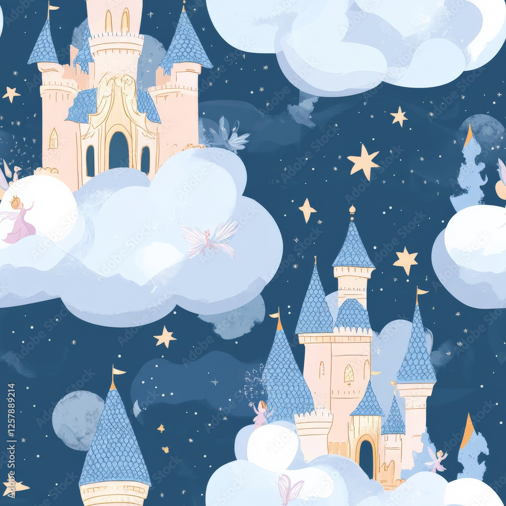 Wall mural a seamless pattern of enchanted castles floating on clouds, surrounded by twinkling stars and tiny f