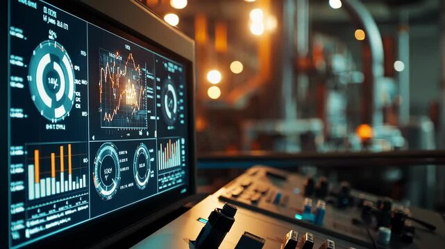 Modern control panel displaying various charts, graphs, and key performance indicators - kpis - in an industrial environment, suggesting advanced monitoring and automation processes