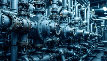 Obraz premium Industrial Pipeline System Concept of Steel Pipes Valves and Machinery in a Factory Setting Intricate Network of Industrial Pipes and Valves