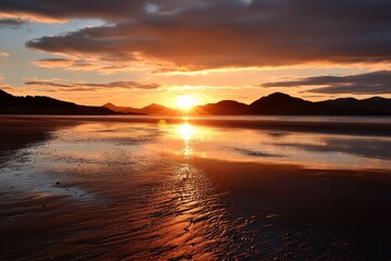 Sunset over tranquil beach creating stunning reflections on calm water at low tide