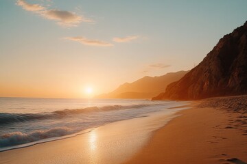 Obraz premium Beautiful sunset over tranquil beach with waves lapping at shore and mountains in background during golden hour