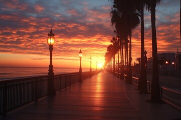 Fototapeta premium Vibrant sunset casting warm hues over palm-lined boardwalk by the ocean