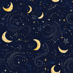 Naklejka premium A fun starry night pattern with sketchy crescent moons, constellations, and swirls