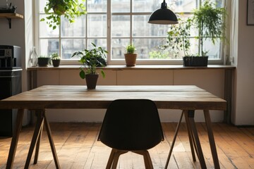 Cozy workspace with wooden table, plants, and natural light in a modern urban setting