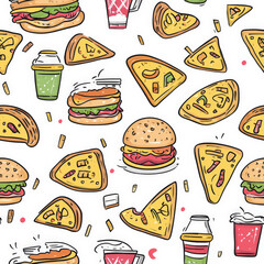 A seamless pattern of cute hand-drawn doodles of pizza slices, burgers, and soda cups