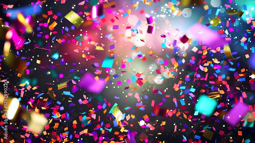 Poster a festive background of colorful confetti falling against a blurred background of bokeh lights.