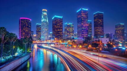 Obraz premium Glowing skyscrapers at midnight in LA, with vibrant reflections on the streets below