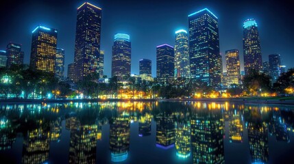 Naklejka premium Glowing skyscrapers at midnight in LA, with vibrant reflections on the streets below