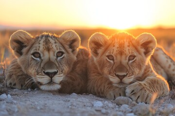 Obraz premium Two lion cubs resting together at sunset in the African savannah