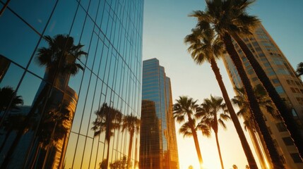 Golden hour in Los Angeles, warm light reflecting off the glass towers, palm trees swaying in the breeze