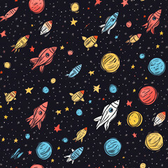 A seamless hand-drawn pattern of doodle-style planets, rockets, and tiny shooting stars