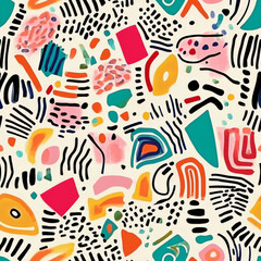 A chaotic geometric doodle pattern with messy rectangles, spirals, and abstract shapes