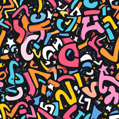 A graffiti-style doodle pattern featuring exaggerated, hand-drawn letters in bold, cartoonish fonts, mixed with tiny stars and swirls.