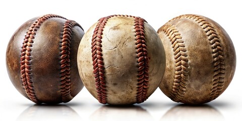 Worn leather baseball silhouettes stand out sharply against a clean white backdrop.