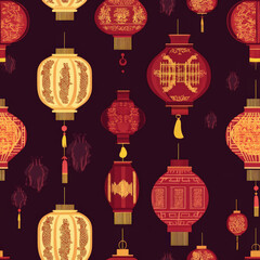 A seamless Chinese paper lantern pattern with various shapes and intricate designs