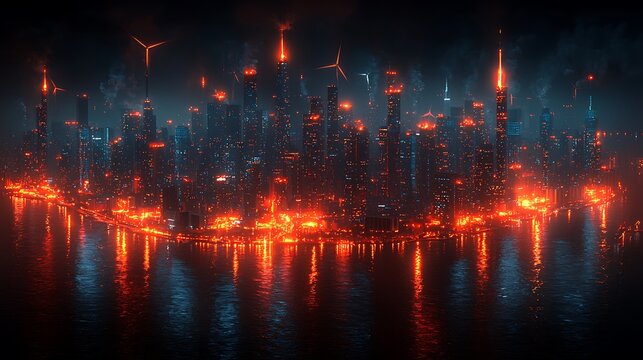 Cyberpunk Cityscape: A futuristic metropolis ablaze with vibrant neon lights and energy pulses, reflecting in the dark waters below.  The city's towers pierce the smoky night sky.