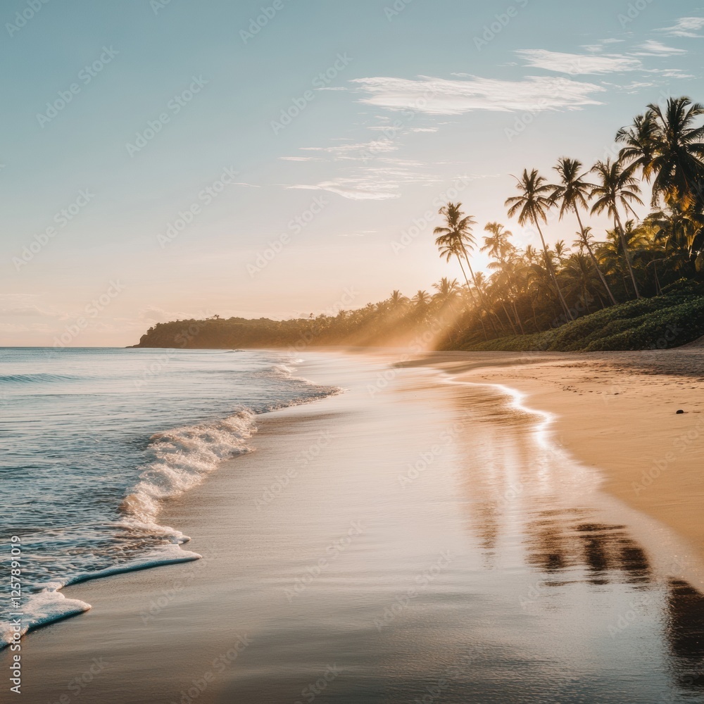 Aufkleber serene tropical beach at sunset with palm trees lining the shore and gentle waves lapping at the gol