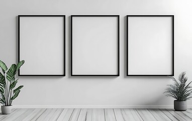 Fototapeta premium Three blank frames on white wall, plants, wooden floor, mockup