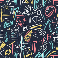 Obraz premium A lively hand-drawn sketch pattern of intersecting arrows, geometric symbols, and random lines. Some arrows are looping, while others twist and turn unexpectedly, creating a visually intriguing, fun,