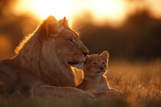 Majestic lion and playful cub resting in golden sunlight during the evening in the savannah