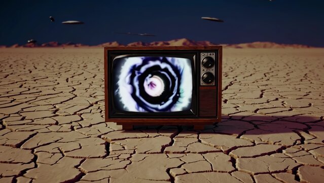 Old-fashioned television set displays a swirling vortex pattern on its screen, placed in the middle of a cracked, dry desert landscape, while unidentified flying objects hover in the sky above