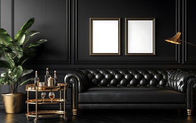 Luxurious black leather sofa in dark room, gold accents, mockups