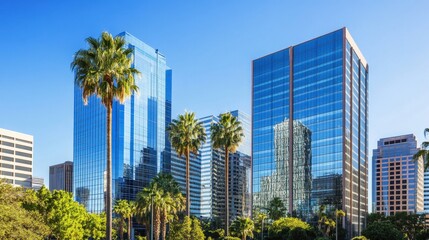 High-rise office buildings with glass reflections, capturing the essence of California's business district