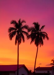 Silhouette of palm trees at sunset on a tropical beach