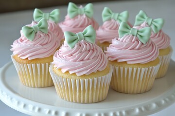 Cupcakes with pastel-colored frosting and tiny edible bows, displayed on a white platter