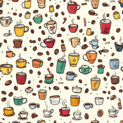 A quirky doodle pattern of different coffee cups, beans, and steaming mugs
