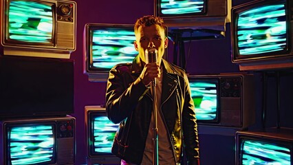 Male singer wearing a leather jacket is passionately performing with a retro microphone, surrounded by vintage televisions displaying static noise, creating a vibrant and nostalgic atmosphere