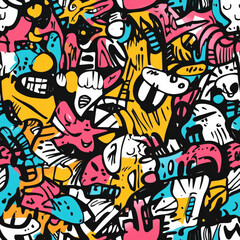 A graffiti-style doodle pattern of random abstract shapes and playful elements