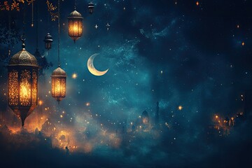 Fototapeta premium The beauty of Ramadan illuminates the night with crescent moons, stars, and lanterns, creating a peaceful, serene ambiance