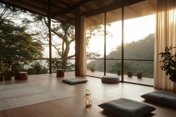 Fototapeta premium Calm and serene indoor yoga space with soft natural light and stunning mountain views at sunset
