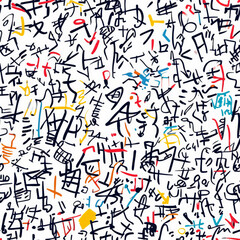 A messy notebook scribble pattern with random alphabet letters, tiny arrows, and rough sketch symbols, resembling the creative sketches found in a brainstorming session.