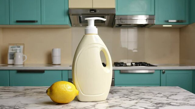A kitchen scene with a dish soap bottle and a fresh lemon on a marble countertop, fresh home atmosphere. Ideal for spring cleaning, eco-friendly products, and kitchen organization