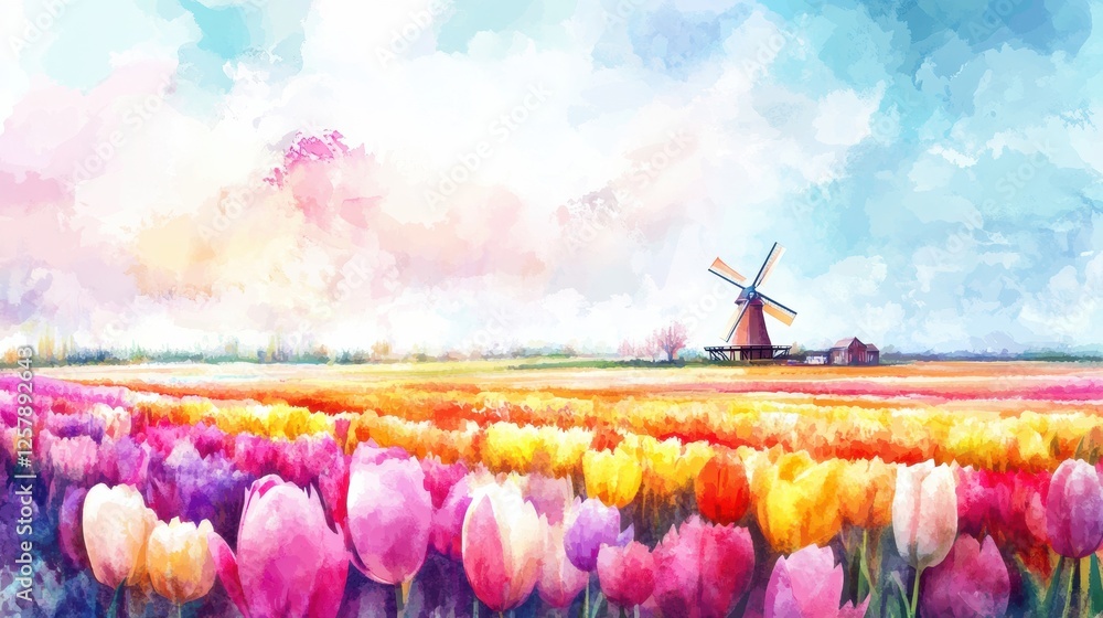 Poster colorful watercolor depiction of tulip fields with a windmill under a vibrant spring sky. generative