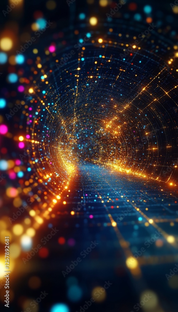 Poster digital stream tunnel technology futuristic data flow and colorful sparkles abstract background