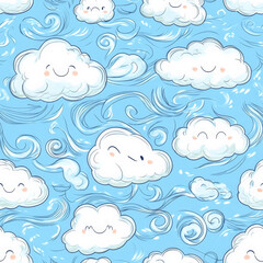 A whimsical hand-sketched pattern of fluffy, cartoon-like clouds floating among swirling gusts of wind. Some clouds have smiling faces, while others are simple outlines, creating a dreamy, imaginative