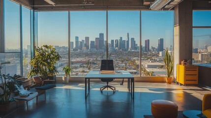 High-tech startup office with panoramic glass windows overlooking LA skyline, modern workspace aesthetic